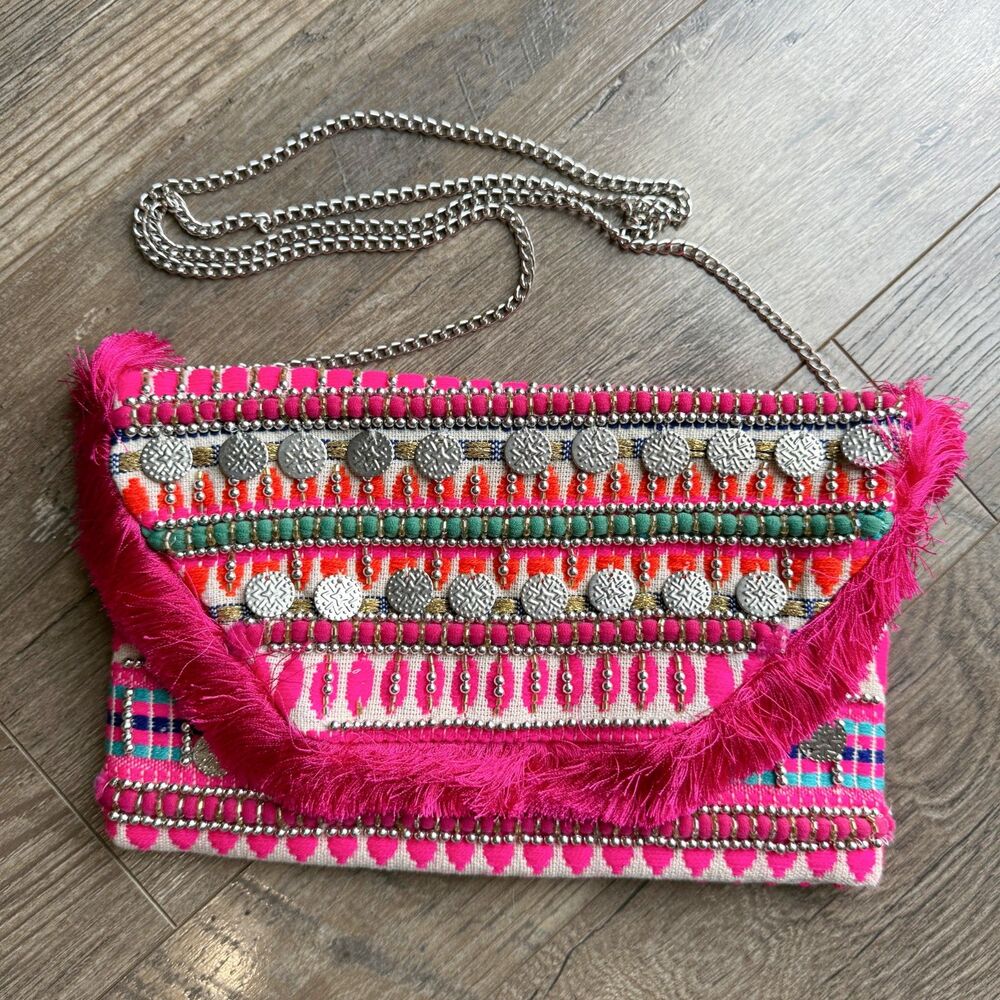 NWT‎ Express Beaded Embroidered Fringe Envelope Clutch Chain Crossbody Purse Bag